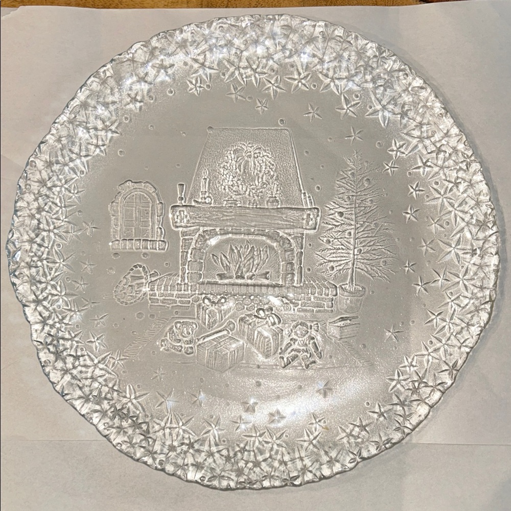 Vintage glass serving platter embossed fireplace presents snowflakes